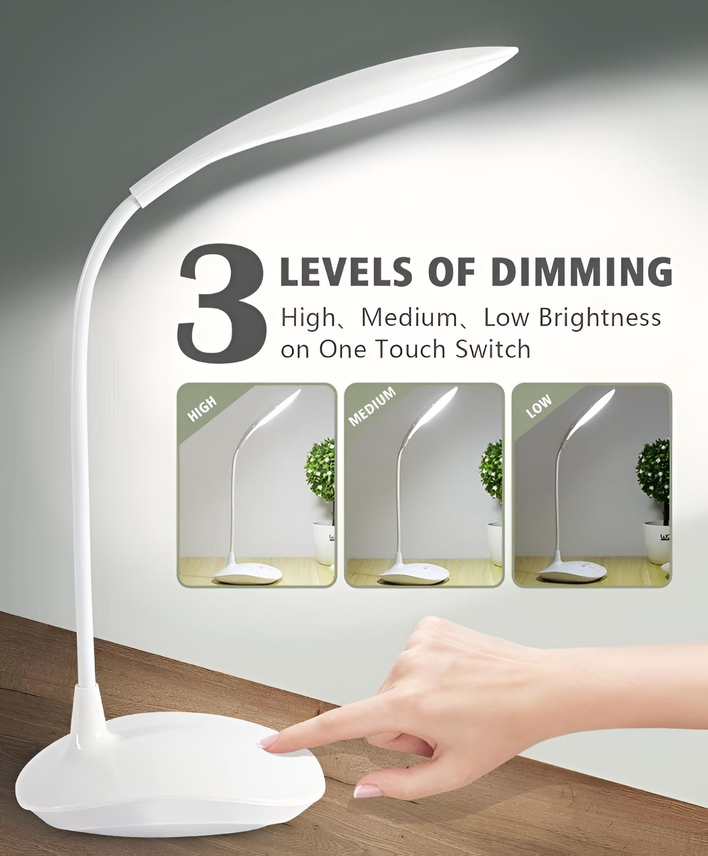 3 Levels Dimming LED Desk Lamp – Smart Touch Control Flexible Eye-Protection Study Light