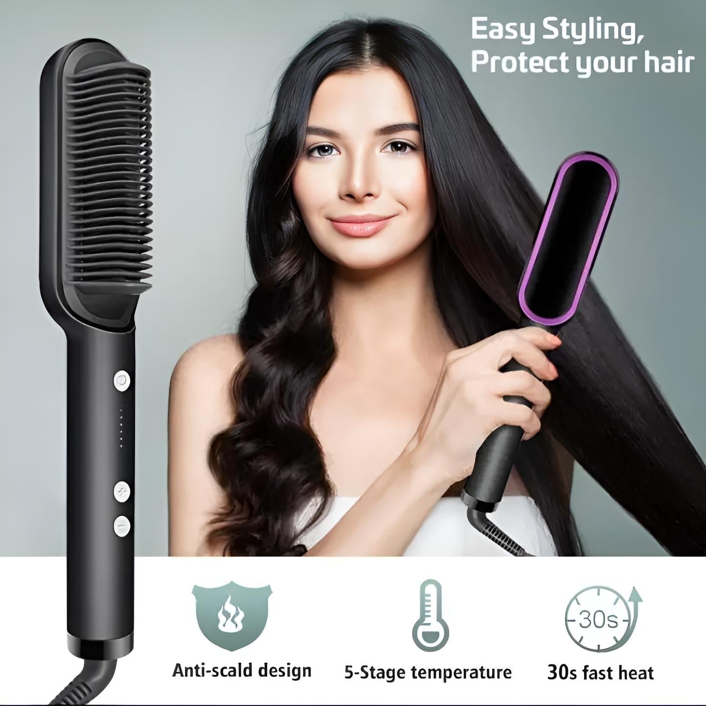 909 Hair Straightening Brush | Electric 2-in-1 Straightener & Curler | Heating Styling Comb | Quick 3-Minute Styling
