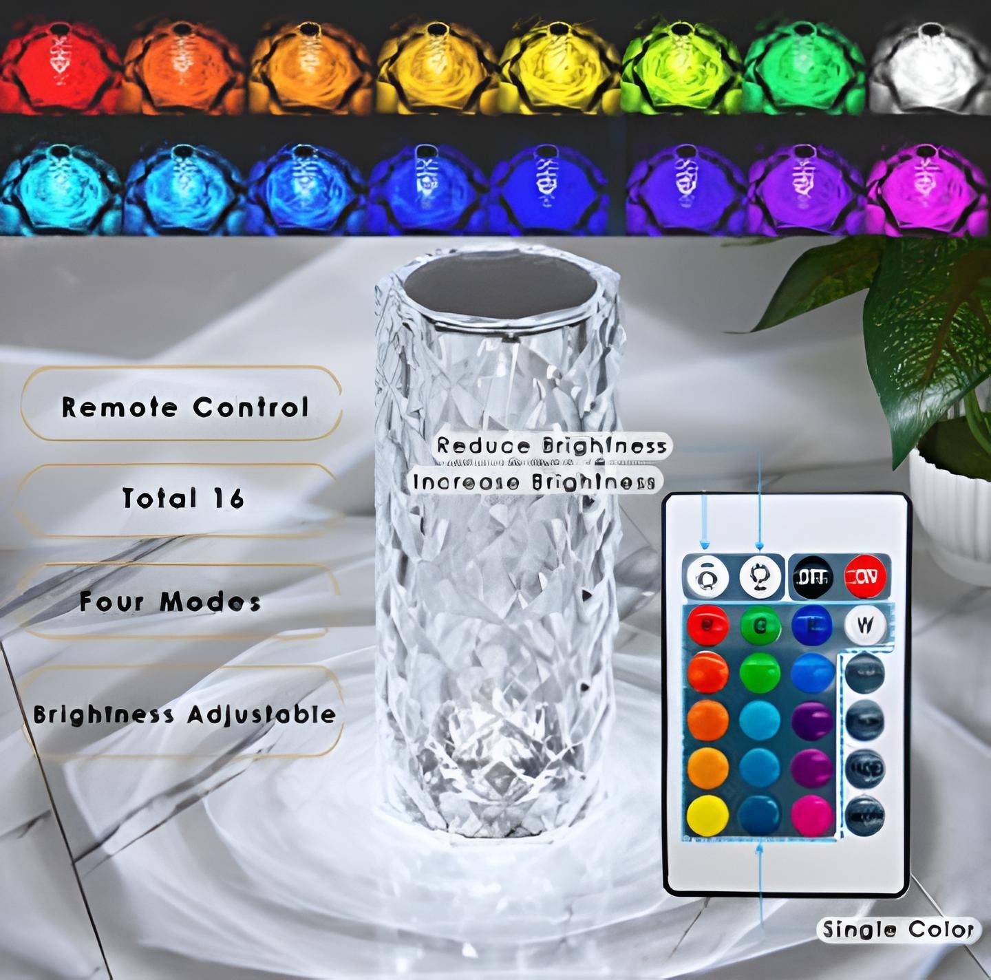 Rose Diamond Crystal Table ^ Lamp - 16 Color RGB Touch Sensor Light with Remote Control - USB Charging Portable Atmosphere Lamp