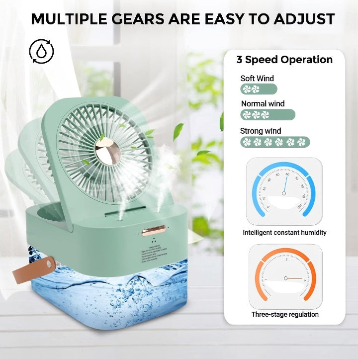 Mini Fan with Cool Mist, Portable Air Cooler, USB Table Fan, Desk Fan with 3 Wind Modes and Brightness Adjustment, Table Fan for Home, Office
