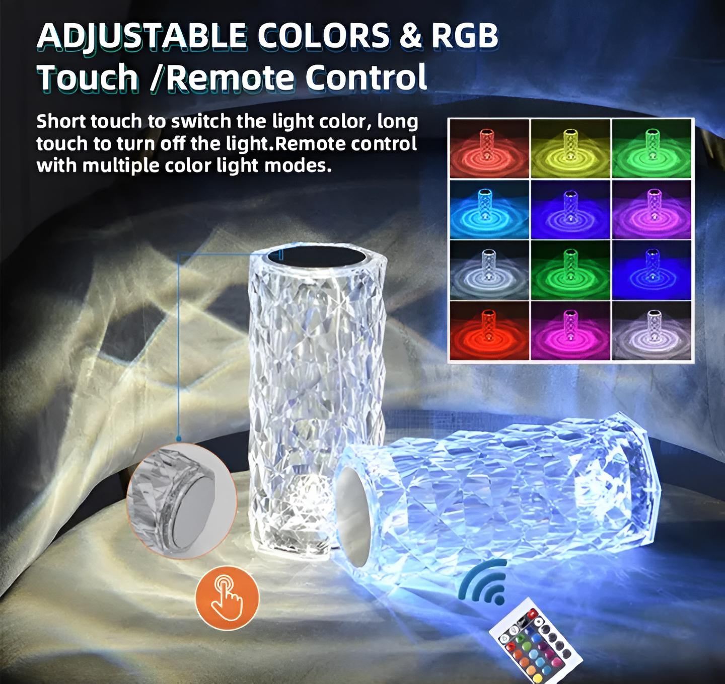 Rose Diamond Crystal Table ^ Lamp - 16 Color RGB Touch Sensor Light with Remote Control - USB Charging Portable Atmosphere Lamp