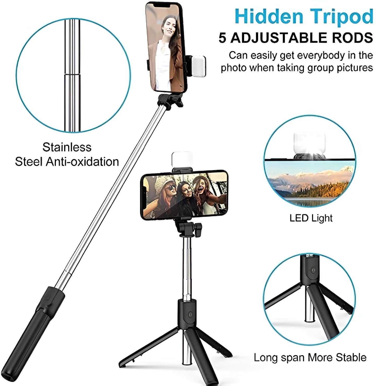 R1S Multifunctional Wireless Selfie Stick Tripod - Expandable Handheld Monopod
