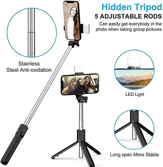 R1S Multifunctional Wireless Selfie Stick Tripod - Expandable Handheld Monopod
