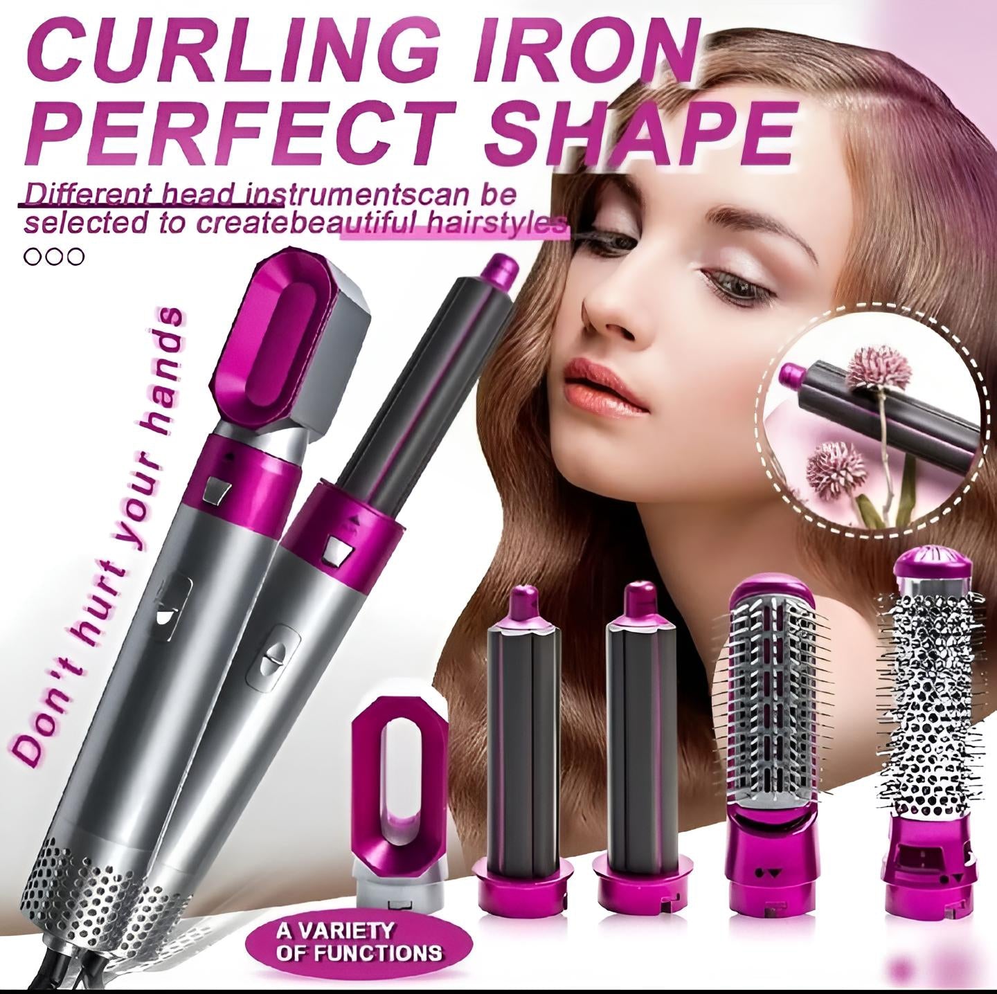 High Quality 5 In 1 Hair Styler Brush Hair Straightener Curler Blow Dryer Volumizer Negative Ionic Electric Air Wrap With Detachable Brush Heads