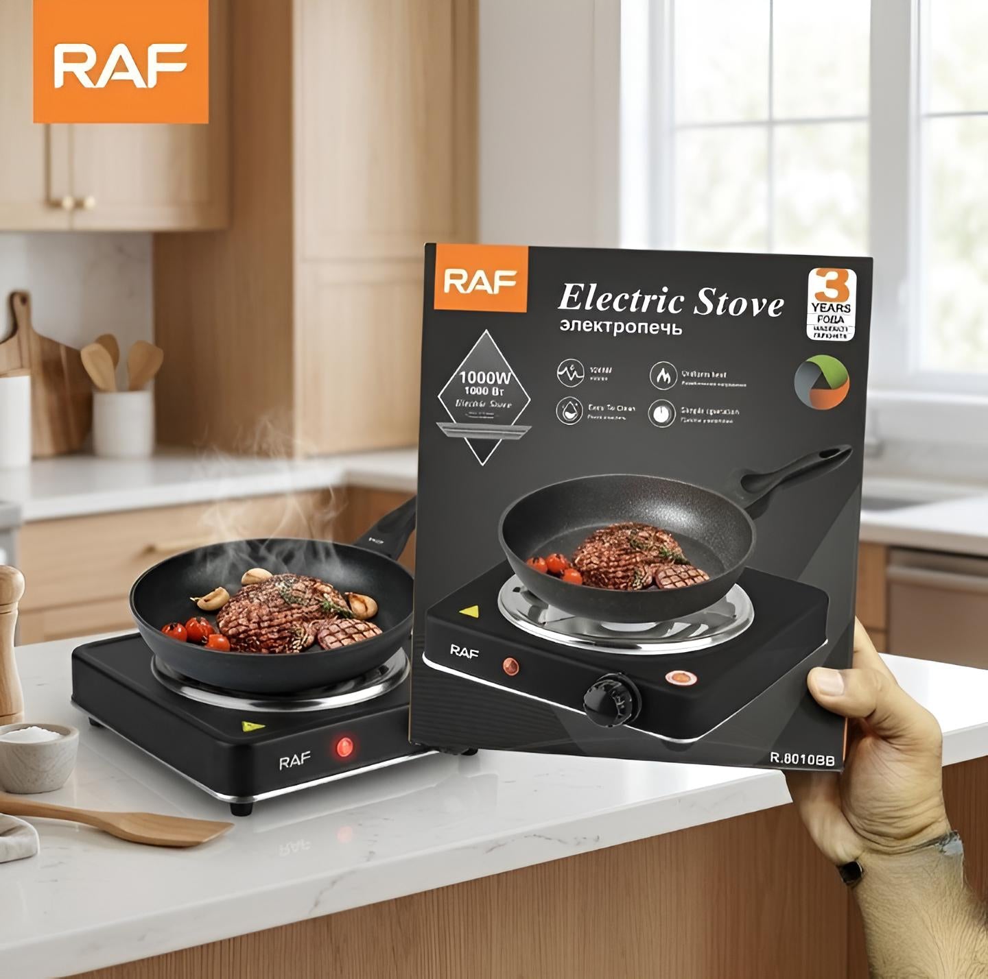 RAF 1000W Single Electric Stove - Portable Hot Plate Countertop Cooker with Adjustable Temperature Control & Overheat Protection
