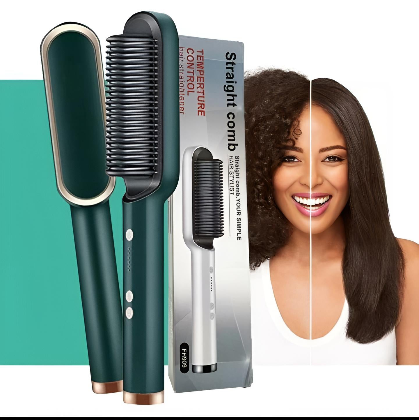 909 Hair Straightening Brush | Electric 2-in-1 Straightener & Curler | Heating Styling Comb | Quick 3-Minute Styling