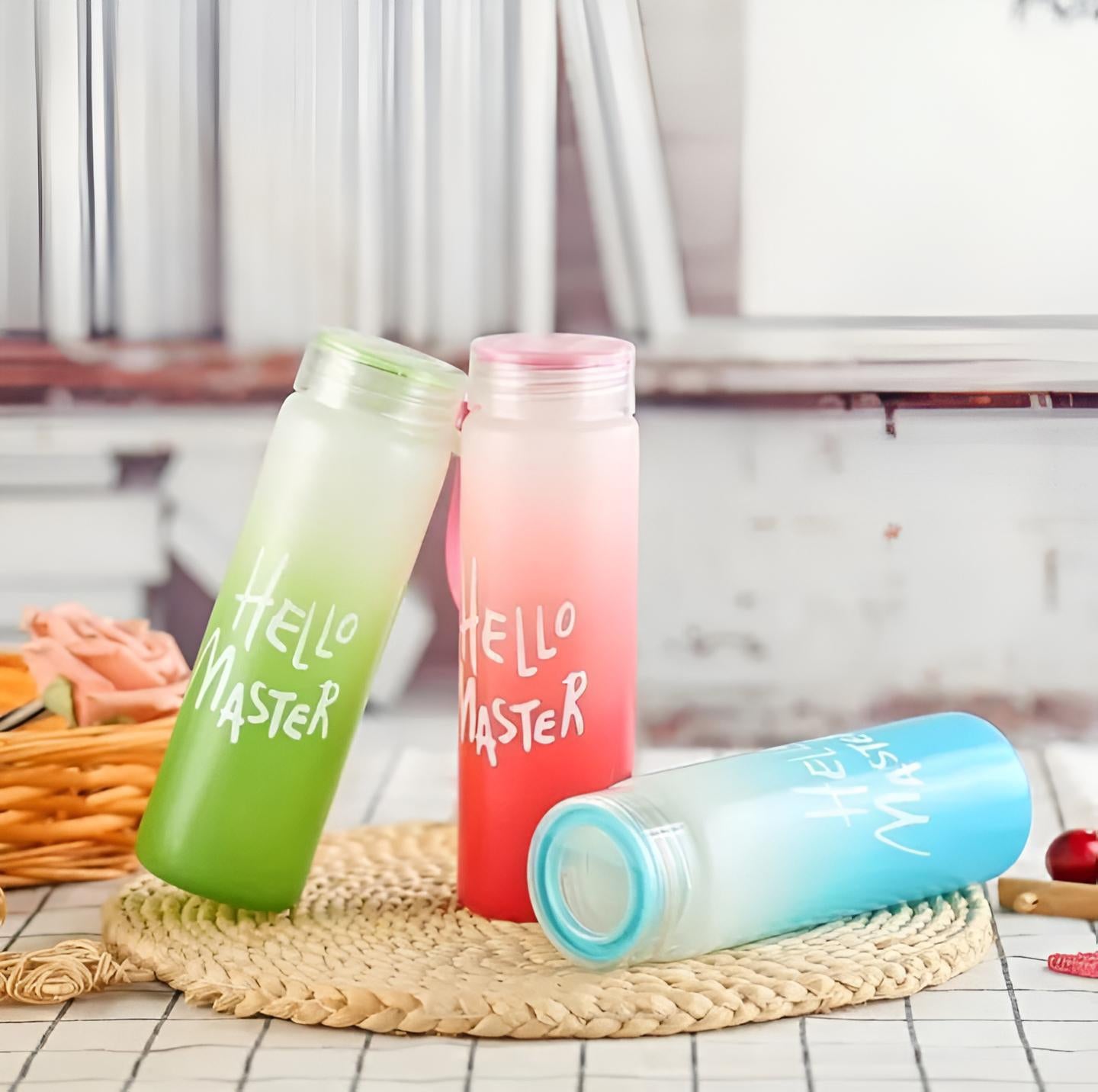 Hello Master 480ml Frosted Glass Water Bottle - Transparent Leak-Proof Portable Drinkware with Carrying Strap (Random Color)
