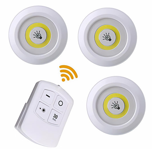 Pack of 3 LED Remote Control Lights - Tap Lights with Self Adhesive for Cabinet, Wardrobe & Kitchen